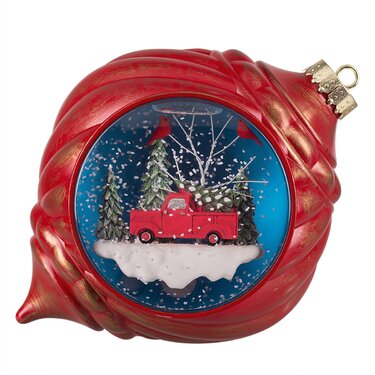 xmas snow globe with cardinal in a red lantern